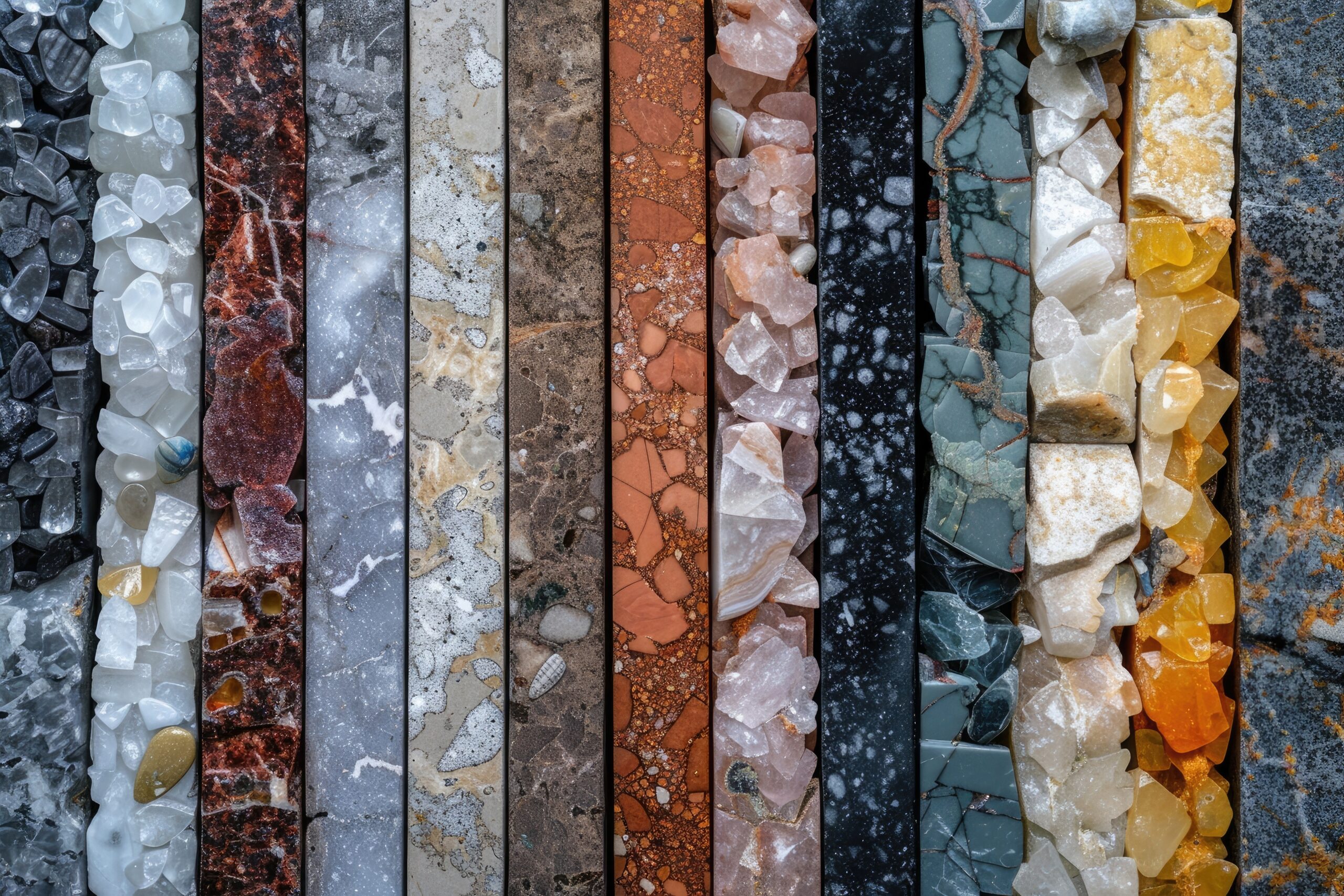 Various of stone colour samples for kitchen countertops, granite, marble and quartz in different colors. Brown, gray, dark , white and black